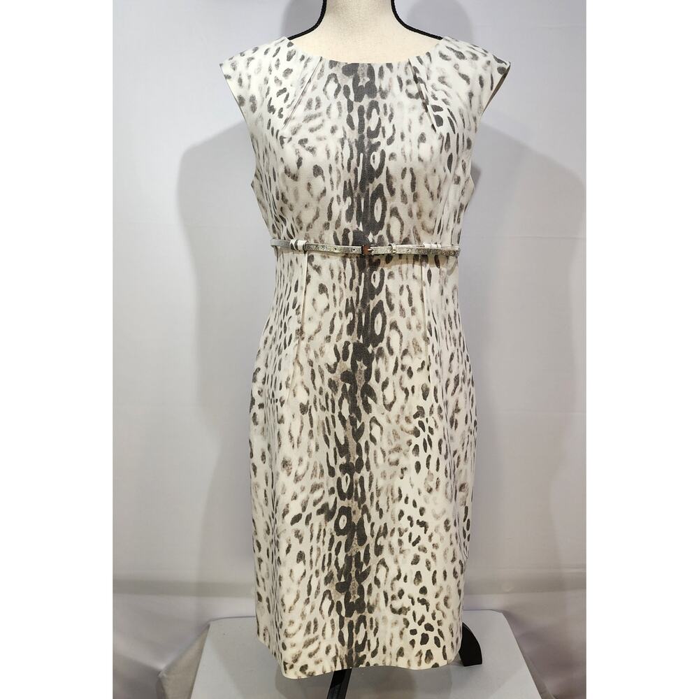 Ellen Tracy White Leopard Belted Midi Sheath Dress 8
